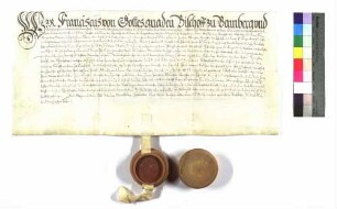 Bischof Franziskus von Würzburg verleiht an Georg Friedrich, Graf von Hohenlohe Kälberbach; Siegel des Bischofs; Pergament.