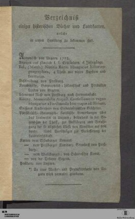 Verzeichniß einiger historischen Bücher und Landkarten, welche in unsrer Handlung zu bekommen sind.