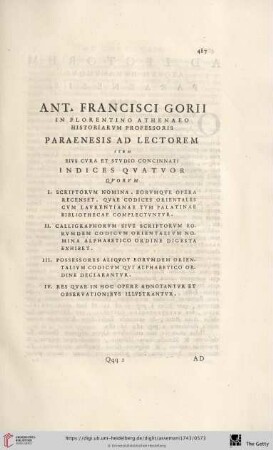 Ant. Francisci Gorii [...] Paraenesis ad Lectorem item [...] Indices Qvatvor