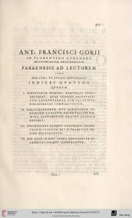 Ant. Francisci Gorii [...] Paraenesis ad Lectorem item [...] Indices Qvatvor