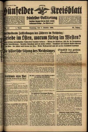 Erste Ausgabe vom Samstag, den 07. Oktober 1939.