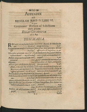 Appendix Ad Regulam Iuris IV. Libri VI. In qua Continentur stricturae ad Relectiones duas priores Didaci Cov Arruviae ad d. Reg.