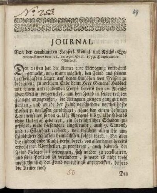 Journal Von der combinirten Kayserl. Königl. und Reichs-Executions-Armee vom 21. bis 25ten Sept. 1759. Hauptquartier Wilsdruf