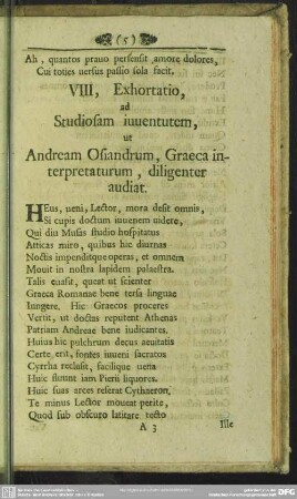 VIII, Exhortatio, ad Studiosam iuventutem, ut Andream Osiandrum, Graeca interpretaturum, diligenter audiat