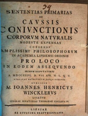 Sententias Primarias De Cavssis Conivnctionis Corporvm Natvralis Modeste Expensas
