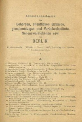 Adressennachweis der Behörden, öffentlichen Gebäude, gemeinnützigen und Verkehrsinsitute, Sehenswürdigkeiten usw. von Berlin