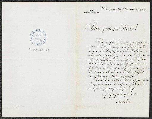 Brief von Gustav Mahler an Gustav Bock