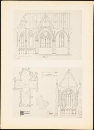 Kirche: Grundriss, Querschnitt, Längsschnitt, Details (aus: Drucke von Seminararbeiten der Königlich Technischen Hochschule Berlin, Bd. I)