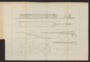 Bl. 1. Fig. 1. Ansicht des Schleusenwagens. Fig. 2. Grundriß. Fig. 3. Längenprofil der geneigten Ebene. Fig. 4. Situation 1/50000. Fig. 5. Anordnung der Stationen an den Endpunkten der geneigten Ebene. Fig. 6. Anordnung der Weichen und Kreuzungen.