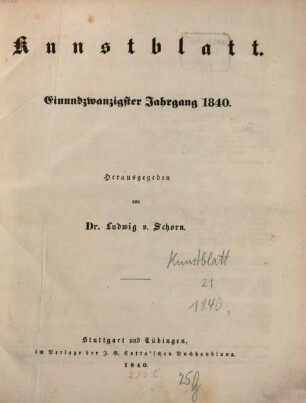 Morgenblatt für gebildete Leser. Kunstblatt. 1840