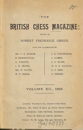 The British chess magazine. 12. 1892, Jan. - Dez.