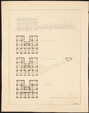Dreigeschossige städtische Villa: Grundrisse, Ansicht