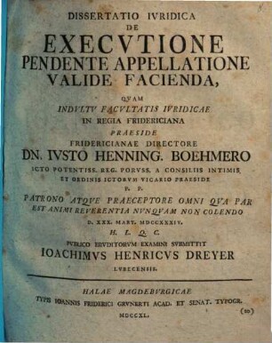 Dissertatio Ivridica De Execvtione Pendente Appellatione Valide Facienda