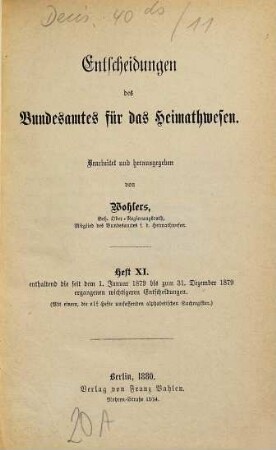 Entscheidungen des Bundesamtes für das Heimatwesen. 11. 1879 (1880), 1. Jan. - 31. Dez.