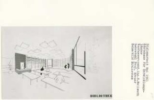 Gästehaus für Entwicklungsländer (Diplomarbeit bei Willy Kreuer): Bibliothek, Perspektivische Ansicht