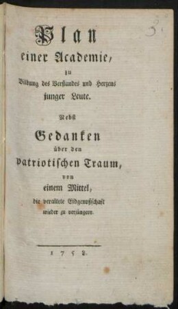 Plan einer Academie, zu Bildung des Verstandes und Herzens junger Leute