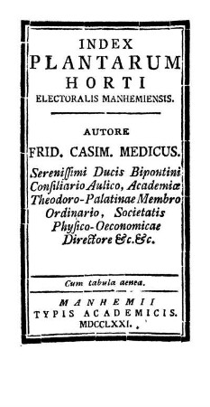 Index plantarum horti electoralis Manhemiensis : Cum tabula aenea