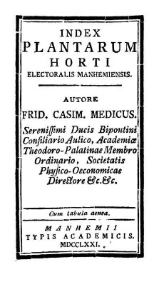 Index plantarum horti electoralis Manhemiensis : Cum tabula aenea