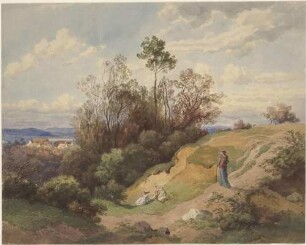 Hügelige Landschaft mit Mutter und zwei spielenden Kindern