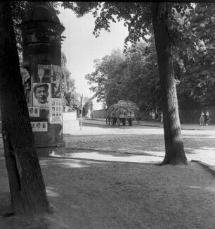 Straßenszene mit Litfaßsäule und Heukarren