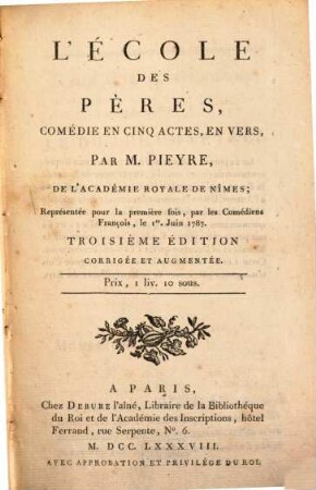 L' école des pères : comédie en cinq actes, en vers