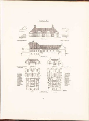 Rudolf Virchow-Krankenhaus, Berlin: Grundriss EG, 1.OG, Vorderansicht, Längsschnitt, Querschnitte, Details Operationshaus (aus: Neubauten der Stadt Berlin, Bd. VI, 1907)