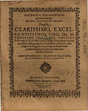 Zētēmata Philosophica: quorum veritatem Divina Auspicante Triade