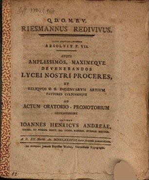 Riesmannus redivivus : Huius Dissertationem Historicam De Hodiernorum Principum Palatinorum Origine, Eorumque Erga Litteras Favore. Partem VII.