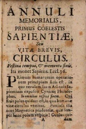 Annulus Memorialis Coelestis Sapientiae : In Septenos Circulos Pro Septem hebdomadae diebus distinctus, A Congregatione Majori Augustana B. V. M. ab Angelo salutatae DD. Sodalibus Suis Honoris ergo oblatus