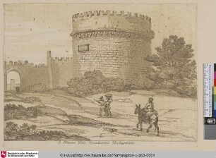 [Ansicht des Grabmals der Cäcilia Metella vor Rom mit Reisenden.]
