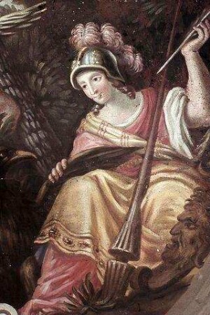 Ein antiker Heros (Aeneas?) hält, an einer Flußmündung im Meer stehend, ein Buch empor:"Liber commentas"