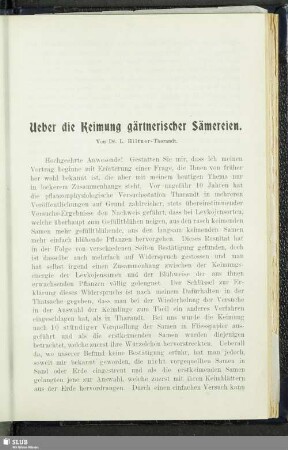Ueber die Keimung gärtnerischer Sämereien