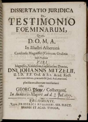 Dissertatio Iuridica De Testimonio Foeminarum