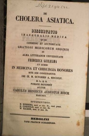 De cholera Asiatica : dissertatio inauguralis medica