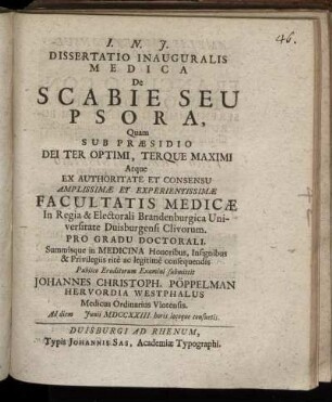 Dissertatio Inauguralis Medica De Scabie Seu Psora