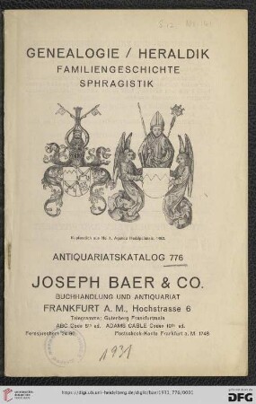 Nr. 776: Lagerkatalog / Josef Baer & Co., Frankfurt a.M.: Genealogie/Heraldik, Familiengeschichte, Sphragistik