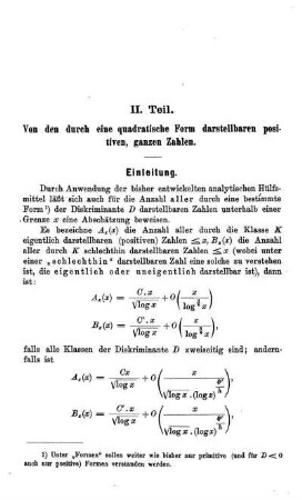 II. Teil - Von den durch eine quadratische Form darstellbaren positiven, ganzen Zahlen.