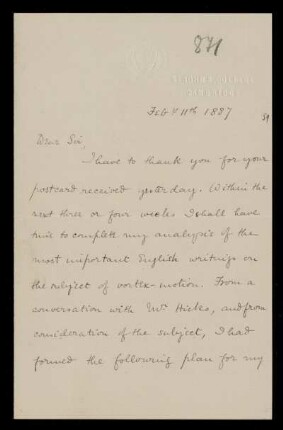 Briefe von Augustus E. H. Love an Felix Klein, Cambridge, Wolverhampton, Oxford, 1887 - 1901