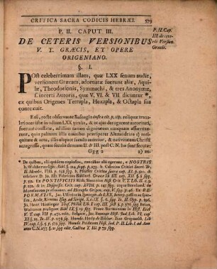 Criticae sacrae Codicis Hebraei p. II. caput III., de ceteris versionibus V. Test. graecis, et opere Origeniano
