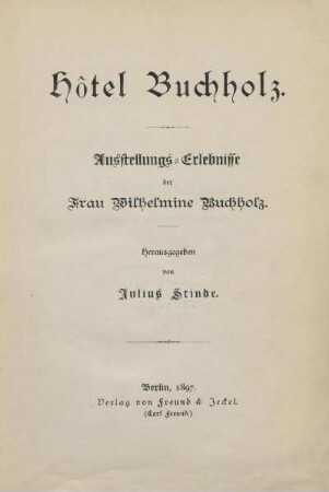 Hôtel Buchholz : Ausstellungs-Erlebnisse der Frau Wilhelmine Buchholz