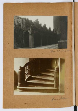 Franziskanerkirche, Thorn. Rathaus, Thorn: Ansicht Laufgang Kirche, Innenansicht Treppenhaus Rathaus (aus: Skizzen- und Fotoalbum 29)