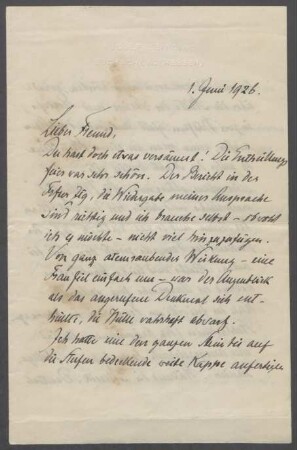 Brief von Rudolf G. Binding an Georg Kolbe