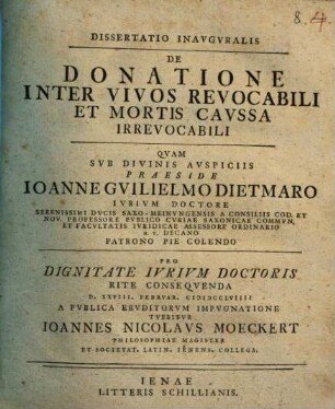 Diss. inaug. de donatione inter vivos revocabili et mortis caussa irrevocabili