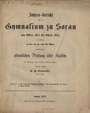 Jahresbericht über das Gymnasium zu Sorau : von Ostern ... bis Ostern .... 1873/74