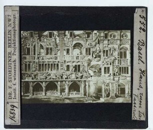 Basel, Haus zum Tanz,Holbein, Entwurf für die Fassade des Hauses zum Tanz in Basel (Kopie nach) (Basel, Kupferstichkabinett) : Entwurfszeichnung für die Fassade von Holbein (Kopie nach)