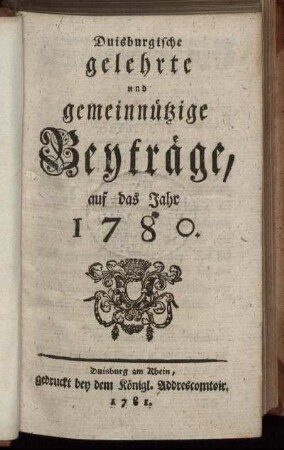 1780: Duisburgische gelehrte und gemeinnützige Beyträge auf das Jahr 1780