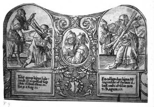 Die sogenannte "Große Passion Christi" — Vignette mit der Darstellung Isaaks das Opferholz tragend (links), zwei halbfigurigen Prohpeten (Mitte) und Elias mit der Witwe von Sarepta
