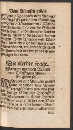 Die vierdte frage. Warvon man den Armen und Dürfftigen Almusen geben sol.