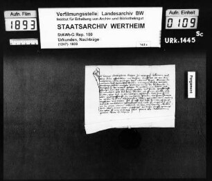 Hans Geckenheim, Bürger zu Würzburg, reversiert Graf Georg von Wertheim über den Empfang von 30 Morgen Weingarten und 4 Morgen Baumgarten in der Sanderau zu Würzburg als Mannlehen.