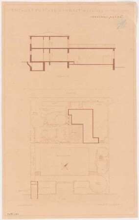 Gymnastikschule am See Monatskonkurrenz Dezember 1932: Lageplan 1:250; Längsschnitt 1:100